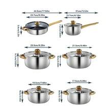 12pcs Stainless Steel Cookware Six Pieces Set, Uncoated, Double Bottom, Right Angle Gold-Plated Handle, Soup Pot, Milk Pot, Frying Pan - Silver - View 4