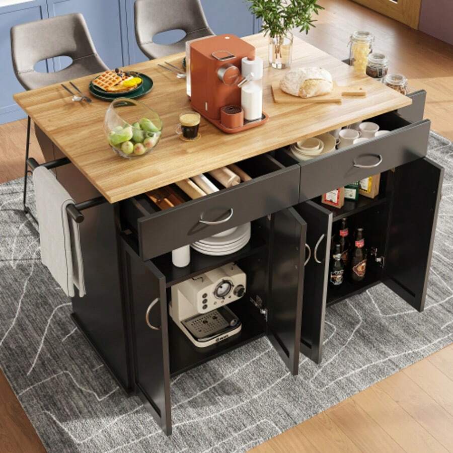 Modern Kitchen Island (106*50*90.5cm), Kitchen Cabinet, Buffet Cabinet, Dining Cart With Wood Grain, Buffet Cabinet, Multifunctional Dining Table With Storage Space, Black - Black - View 1