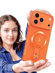 时尚高品质磨砂边 CD 图案磁性手机支架外壳适用于 17 Pro Max、14、16 Pro Max，硅胶全身保护套适用于 15、13、12、11 - 橘色 - 查看 4