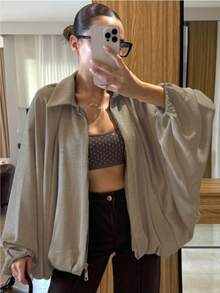 Chaqueta de mujer de verano con pliegues, manga de murciélago esponjosa, chaqueta bomber con solapa, chaqueta corta suelta y delgada de manga larga para mujer, nueva en prendas exteriores, chaqueta ligera de mujer de manga larga con cremallera, chaqueta ligera - Caqui - Ver 1