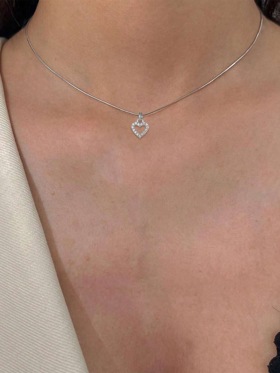 Tkool 1pc Women's Pendant Necklace, Minimalist Layered Design, Stainless Steel Cubic Zirconia Heart Pendant Necklace, Versatile Daily Wear & Gift Accessory - Silver - View 1