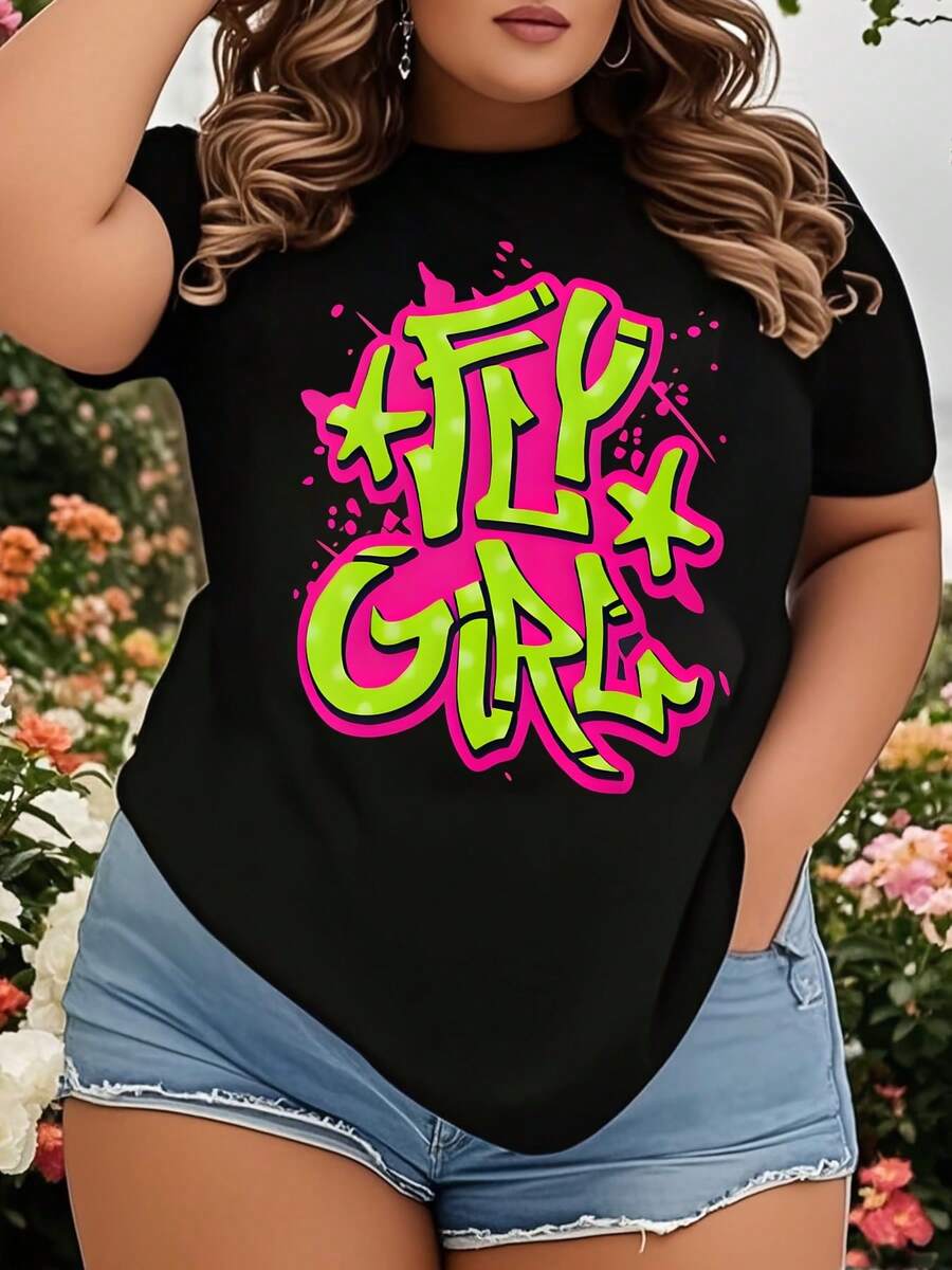 Fierce Girl Graffiti Style T-Shirt For Women -  Neon Pink And Green Design, Casual Streetwear Tee, Perfect For Everyday Wear, Gifts For Teen Girls, Birthday, Or Holiday Outfits - màu đen - Xem 1