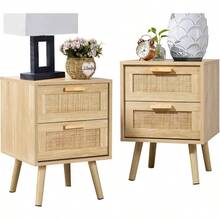 Bedside Tables Set Of 2, Side Table With 2 Hand Made Rattan Decorated Drawers, Night Stand Set 2, Wood Nigntstand, End Table With Storage Bedroom, Natural, 2 Pack - Natural - View 2