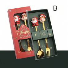 1 Conjunto Caixa de Presente Garfo e Colher de Natal, Colher de Café de Aço Inoxidável, Garfo de Sobremesa, Decoração de Caixa de Presente de Natal, Rena, Papai Noel, Árvore de Natal, Série Meia de Natal, Presentes de Festa de Feriado - Multicolorido - Visão 6