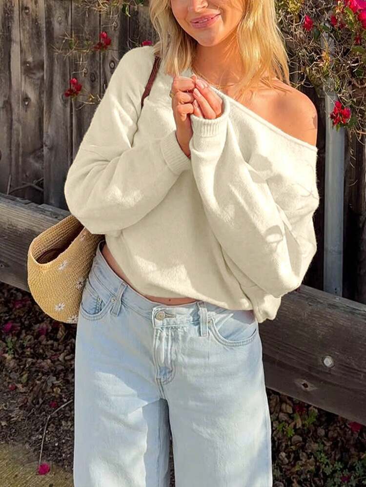Fall Women Clothes, Women's Solid Color Sweater, Simple Fashion Temperament Casual Loose Pullover, Long Sleeve Large Round Neck Drop Shoulder Comfortable Top, Basic Tops, Going Out Tops Women, One Shoulder Top, Back To School Clothes, Date Night Outfits Women,Thanksgiving Outfit For Women, Christmas Women's Clothing.