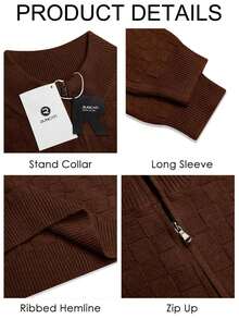 Mens Polo Sweater Quarter Zip Pullover Slim Fit Mock Neck Knit Checkered Jumpers Casual Fall Winter Outfits - Coffee Brown - View 7