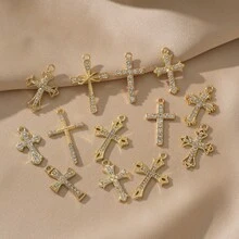 10/20pcs Fashionable Full Rhinestone Cross Zinc Alloy Small Pendant DIY Earrings, Necklace, Bracelet Jewelry Accessories - Gold - View 2