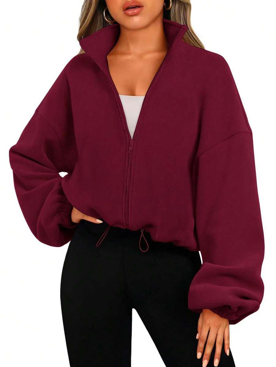 Women's Autumn/Winter Fleece Stand Collar Short Jacket With Zipper And Drawstring - Burgundy - View 1