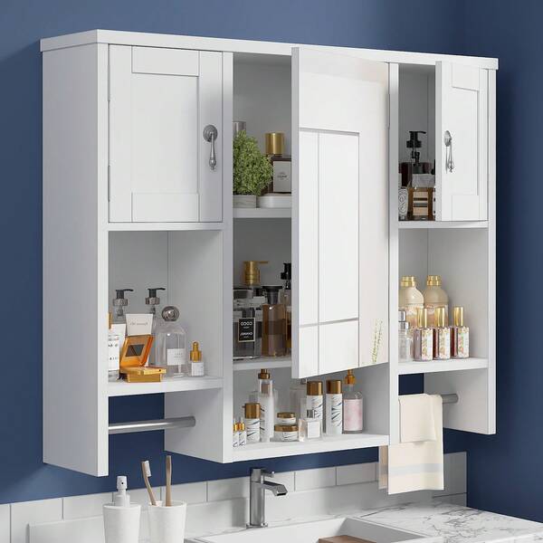 VECELO White Wall Mounted Bathroom Vanity Cabinet With Mirror, Over Sink Storage Organizer With Aluminum Towel Bars, For Small Space