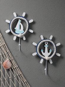 1 件航海风格木质壁钩，需要钻孔，浴室毛巾浴袍钥匙帽子包衣架，儿童房帆船舵壁挂式储物钩 - 彩色 - 查看 8