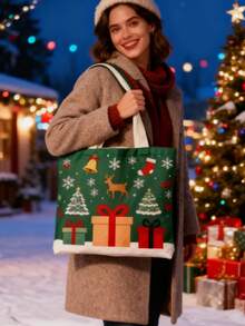 Bolso de lona grande con estampado personalizado para el hombro de mujer, adecuado para Navidad y otoño/invierno