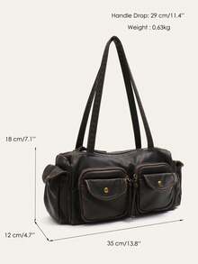 女士时尚街头休闲水洗 PU 人造皮革枕头包拉链开合多翻盖口袋手提包大容量顶部提手单肩腋下包适合日常通勤学院多功能四季 - 彩色 - 查看 8