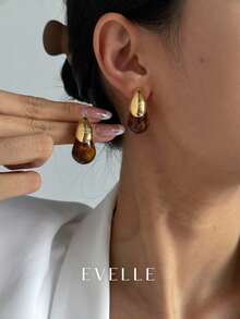 夏季复古水滴树脂金耳钉，优雅的琥珀色和咖啡色耳环适合约会、聚会、度假和日常佩戴 - 金色 - 查看 1