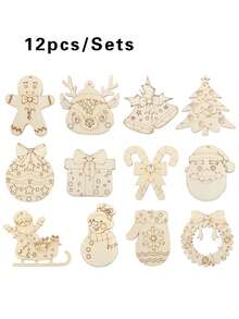 12/24pcs/Sets Of Christmas Wood Board Ornaments, DIY Decorative Wood Pieces, Wooden Ornaments, Home Decor Wood Pieces, Perfect For Christmas, Halloween, And Thanksgiving Gift Hangings, Perfect For Holiday Decorations.