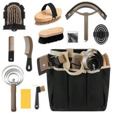 12 Pieces Horse Grooming Kit With Organizer Tote Bag Tack Room Plies Horse Brush Sets Equine Care Cleaning Kit Shedding Grooming Massaging Tools Khaki - Khaki - View 1