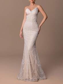 女士奢华无肩带珠饰亮片美人鱼礼服 - 胸部和腰部精美装饰，修身美人鱼廓形 - 完美适用于婚礼、晚宴、红毯活动和盛大派对 - 香檳色 - 查看 3