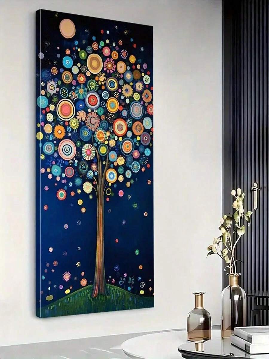 1 Pc 30*40cm (12*16inch) Delivery In As Fast As 1 Business Day Framed Canvas Wall Art Dreamy Style Tree With Colorful Circles Modern Farmhouse Decor Wooden Frame Multi-Color Abstract Design For Bedroom, Living Room, Home Office, Dining Area Multifunctional Artwork For Indoor And Outdoor Ideal Gift, Home Office Artwork Modern Farmhouse Style Colorful Artwork