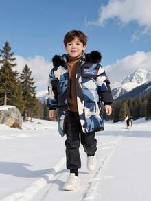 8-13Y Unisex Thickened Hooded Jacket, Suitable For Cold Weather Outdoor Casual Wear, Mid-Length Fitted Style, Detachable Hood, Practical Pockets, Letter Embroidered Arm Patch And Chest Logo Design, Fashionable Mid-Length Hooded Warm Winter Coat