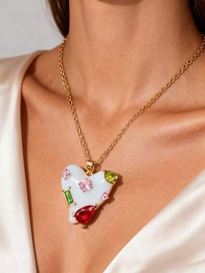 قلادة قلب بلوري ملون مرصعة بالراين ستون مع تأثير الزيت الأبيض، مجوهرات أنيقة للنساء، مناسبة كهدية عيد الحب لصديقتك أو هدية مفاجأة لأمك