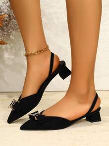 Tacones altos versátiles de mujer con punta afilada, tira trasera, hebilla y lazo, de bajo escote, para uso diario, talla grande, color negro, para primavera/otoño