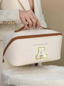 Multifunctional Travel Makeup Bag, Letter Cosmetic Organizer Bag, PU Leather Waterproof Makeup Pouch, Large Capacity Double Layer Makeup Case, Cosmetics Storage, Gift For Women, Christmas Gift