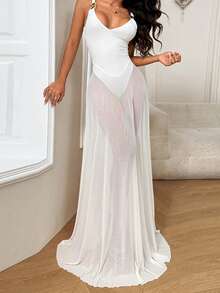 WOWDARK Summer Dress, White Elegant V-Neck Mesh A-Line Spaghetti Strap Party Dress For Women, Suitable For Valentine's Day, Dates, Gatherings, Parties, Travel, Vacation, Beach And Other Occasions Wedding Spring - 白色 - 查看 9