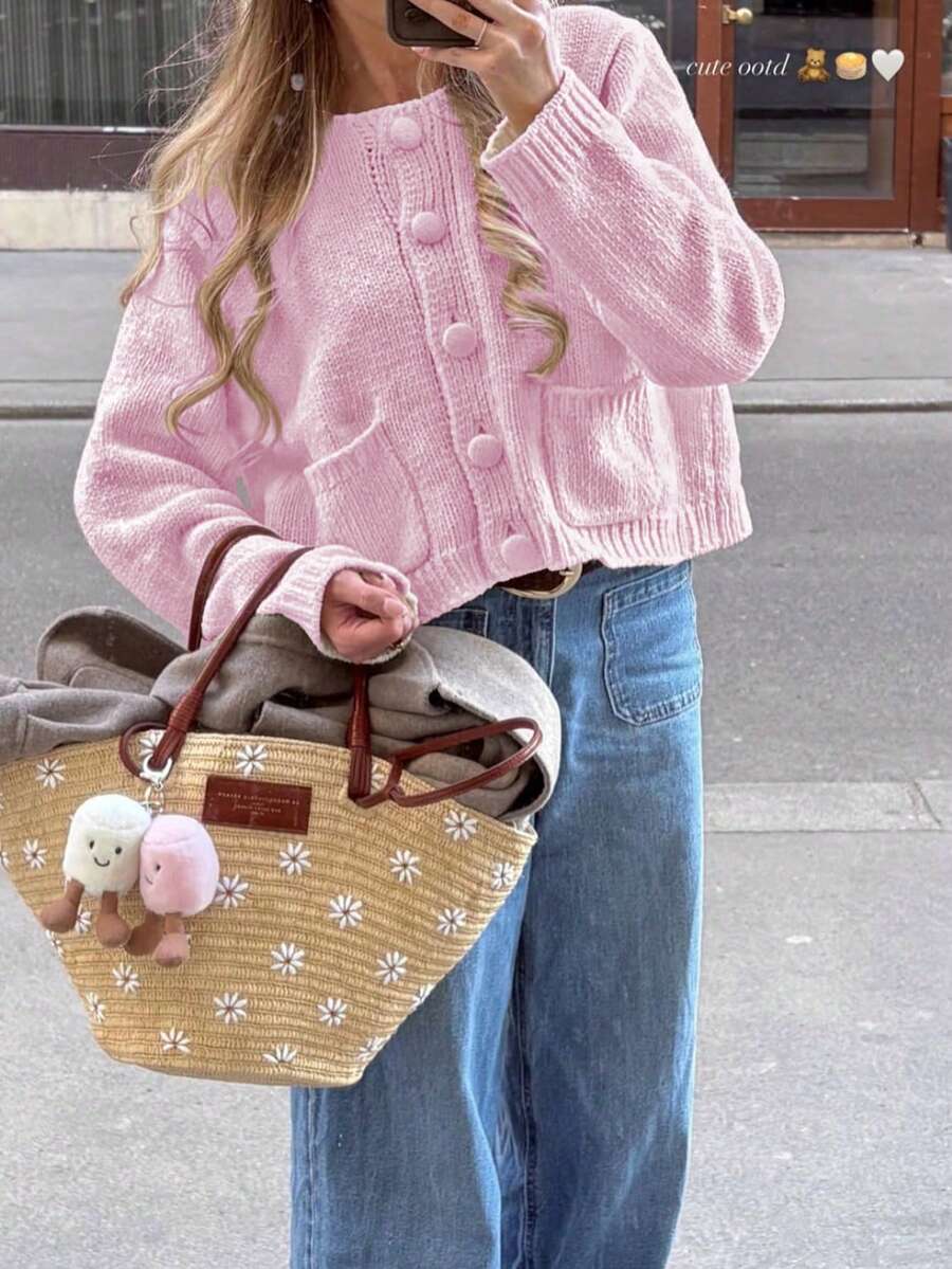 Nuevo cárdigan de punto de unicolor con botones y bolsillos, versátil para uso diario, otoño/invierno, Navidad, Año Nuevo