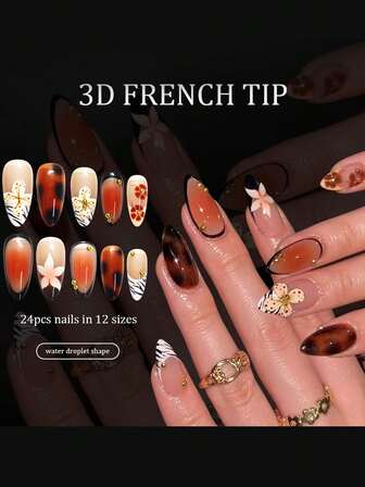 [秋冬按压式指甲] 24 片杏仁指甲 | 亮面，3D 芙蓉和斑马条纹法式设计，带有鲜艳的琥珀色和温暖的咖啡色点缀，非常适合冬季美甲，适合女性的日常按压式指甲艺术，易于涂抹