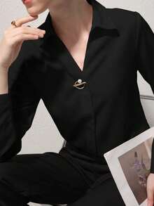 QIANZHIDU Women's French Solid Color V-Neck With Brooch Long Sleeve Business Interview Commuting Leisure Relaxation Simple Shirt Spring Summer Autumn - Black - View 9