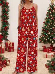 女士圣诞姜饼印花细肩带连体裤，节日圣诞饼干时尚姜饼印花服装，适合节日派对和休闲，必备冬季服装，时尚圣诞服装，时尚圣诞服装，休闲秋季女装 - 紅色 - 查看 4