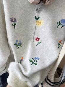 女士长袖套头衫，精致花卉刺绣针织面料，常规长度上衣 - 淺灰色 - 查看 4
