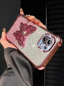 奢华电镀粉色手机壳，创意蝴蝶支架，闪亮水钻Y2K风格，防震，新款夏季硅胶软壳保护套，兼容 16/16E/15/14/13/12/11/X/XS/XR/8/7 Plus/Pro/Max/Mini，Galaxy S24/S25 Ultra，兼容小米、荣耀、Reno、MOTO等手机，男女通用，2025款 - 粉色 - 查看 4