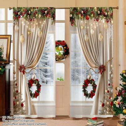 2 件装奢华欧式圣诞窗帘 - 现代半透明涤纶窗帘（金色点缀）| 可机洗，易于悬挂 | 适用于客厅、卧室、办公室节日装饰