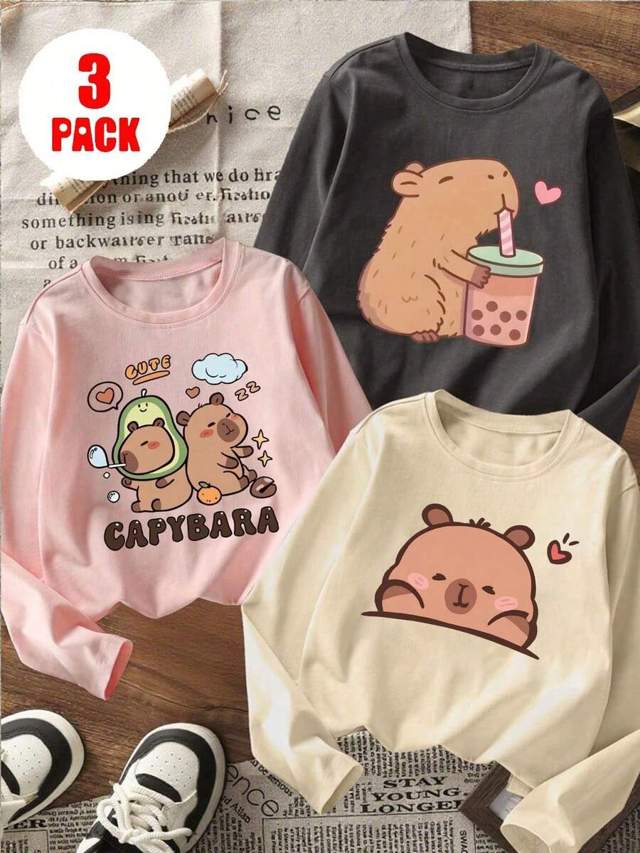 3pcs Tween Girls' Printed Long Sleeve T-Shirts, Suitable For Tween Girlsin Autumn/Winter, Young Student Clothing, Suitable For Outerwear And Layering - Multicolor - View 1