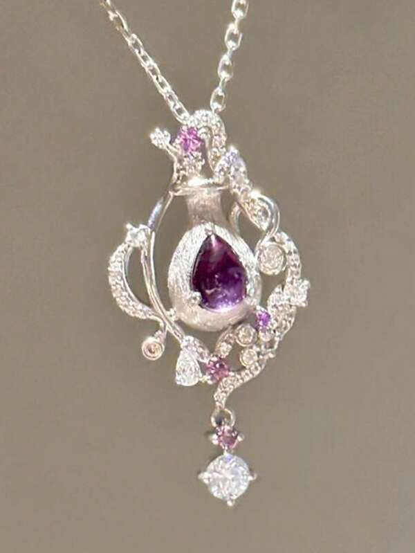 1 pieza Collar colgante de botella de perfume con circonita cúbica plateada cepillada de moda y delicada, collar gargantilla elegante y lujoso adecuado para el uso diario de las mujeres