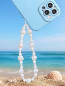 1pc Summer Ocean Life Acrylic Shell Vacation Style Phone Beaded Lanyard, Travel Accessory Pendant Compatible With Android And Most Smartphone,Gifts For Mother, Family, Friends, Kids, Birthday, Holiday Phone Chain - Pure White - View 2