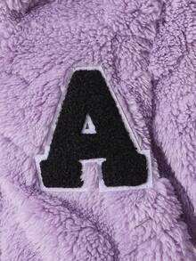 Toddler Girls Half-Zip Stand Collar Fleece Jacket, Heart Embossed Texture Letter A Applique Pullover, Comfortable Long Sleeve Casual Winter Set - Purple - View 4
