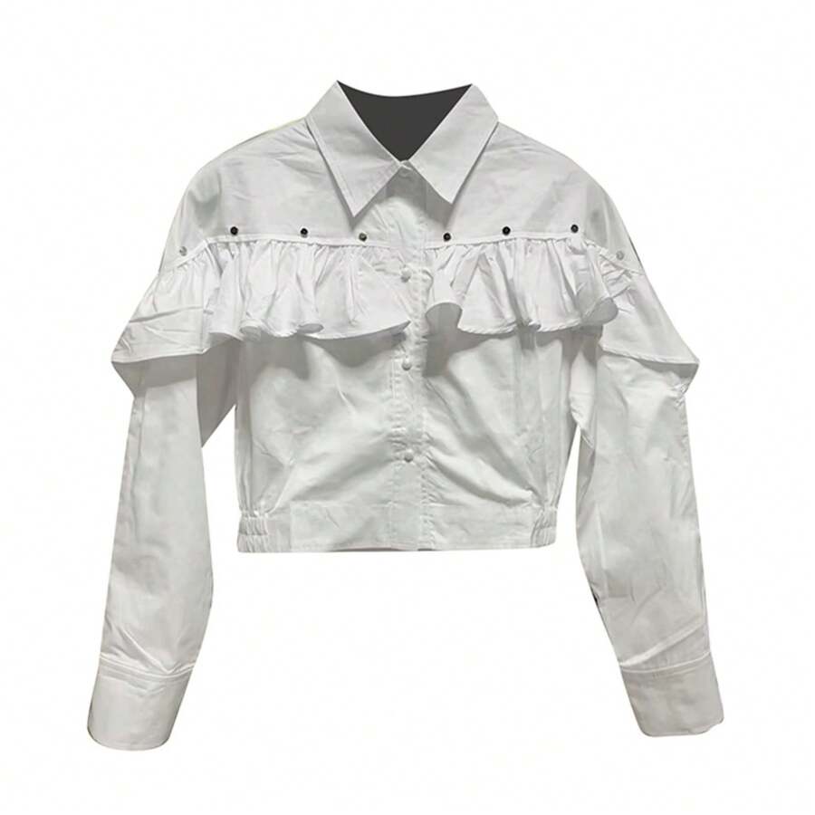 Herbst Neue Damen Freizeitstil Oberteil Elegant Bequem Slim Fit Rüschenshirt - Weiss - Übersicht 1