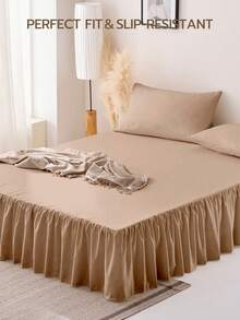 1 件装轻薄薄荷绿荷叶边床裙，经典款式，柔软时尚，100% 超细纤维，15 英寸垂边，卡其色。适合家庭和宿舍使用，可机洗，通过 Oeko-Tex 认证 - 卡其色 - 查看 6