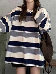 Camiseta informal de poliéster acanalado con cuello redondo, hombros caídos y manga larga a rayas para mujer, con elasticidad media, para uso diario. - Azul - Ver 6