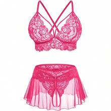 Sexy Women's 3 Piece Lace Bralette, Mini Skirt With G-String Crotchless Lingerie Set -  2025 Style - Màu Hồng Tươi - Xem 1