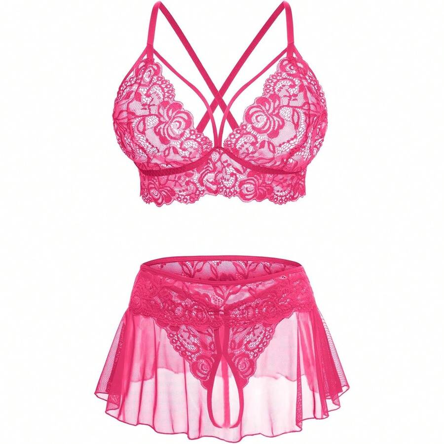Sexy Women's 3 Piece Lace Bralette, Mini Skirt With G-String Crotchless Lingerie Set -  2025 Style - Màu Hồng Tươi - Xem 1