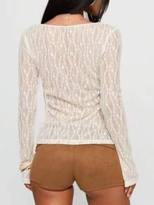 Women's Y2k Tie Front Shirt Tops Flounce Sleeve Round Neck Lace Floral Print Mesh Ribbed Tops See Through Long Sleeve Open Front Slim Fit Blouse Aesthetic  Going Out Top - 白色 - 查看 5