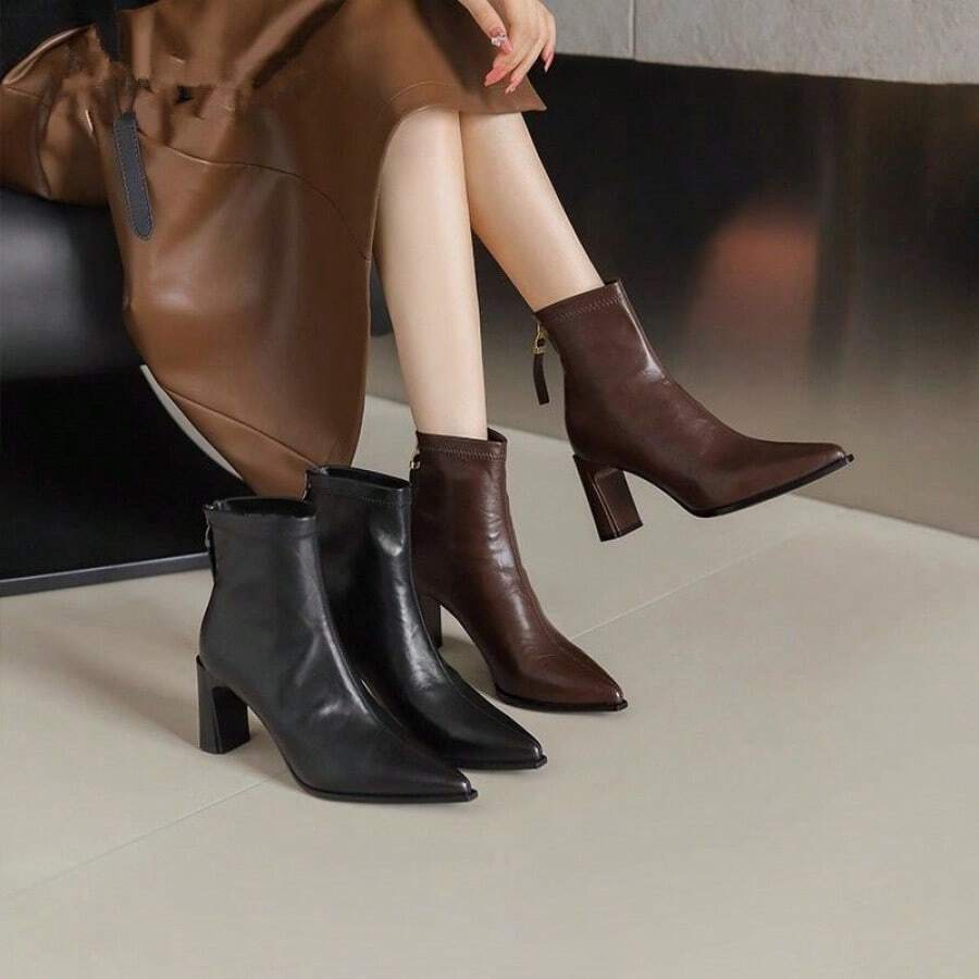 2025 New Autumn/Winter Women's High Heel Short Boots, Pointed Toe Chunky Heel Elastic Slim Fit Boots With Fur Lining - Black - View 1