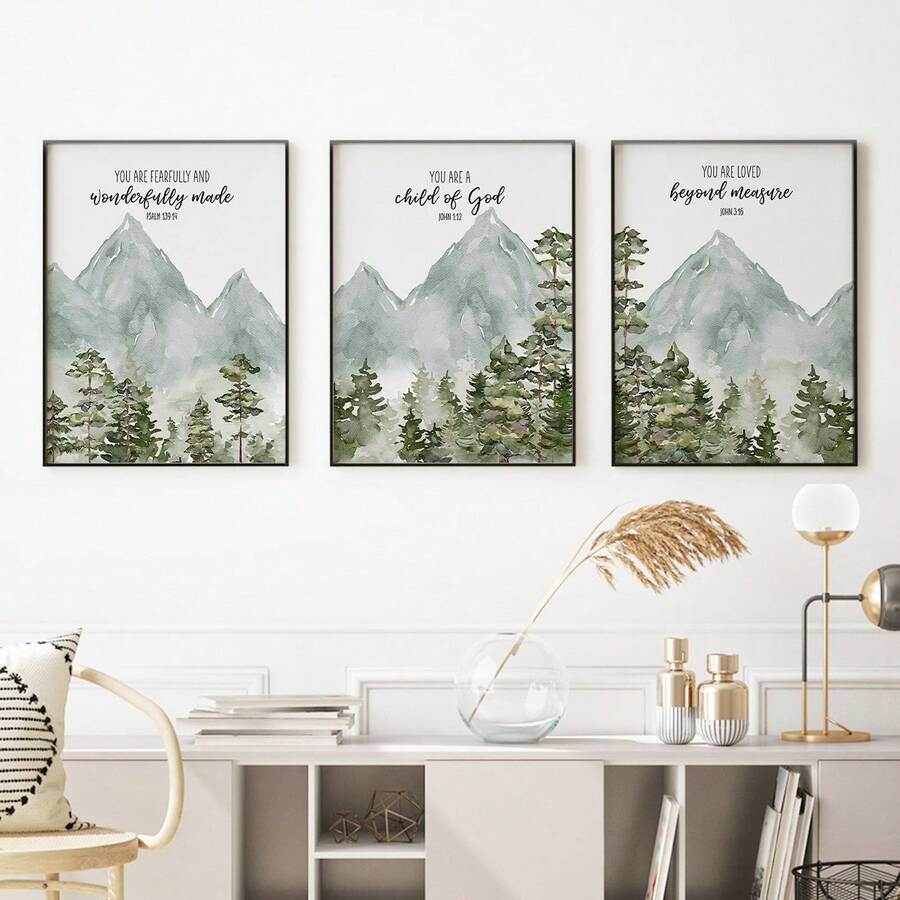 3 Stücke christliche Kinderzimmer Dekoartikel Baby Bibelvers Wandkunst Aquarellprint Bibelvers Muster Natur-Themen Wandkunst Wald Kinderzimmer Dekoration Vintage-Stil Heimdekoration gerahmte Wandkunst Wohnzimmer Dekoration Raumdekoration Heimdekoration
