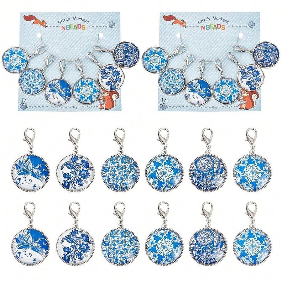 NBEADS 12 Pcs Glass Flat Round With Blue And White Porcelain Pattern Stitch Markers, Zinc Alloy Lobster Claw Clasps Crochet Stitch Marker Charms For Crochet Accessories Quilting Jewelry Making{"Color_name":"BlueandWhitePorcelainPattern"} - 青花瓷紋 - 查看 1
