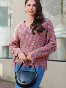 Suéter básico de mujer de estilo bohemio, de manga larga, cuello en V, de punto, de longitud regular, de poliéster y de colores múltiples - Multicolor - Ver 5