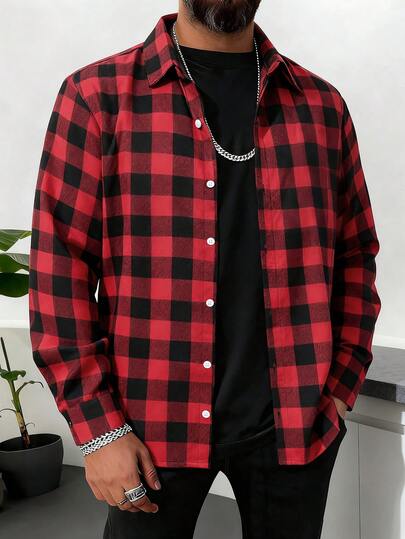 男士毛绒格子长袖衬衫，商务休闲，新款红色，秋冬