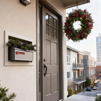 2025 超大号 14.75 英寸圣诞花环 - 逼真的红色浆果和绿色叶子，防水全天候室内/室外装饰，带挂钩，无需维护 - 塑料节日花环，适用于前门、壁炉架、餐桌中心装饰 - 全年家居装饰，节日设计