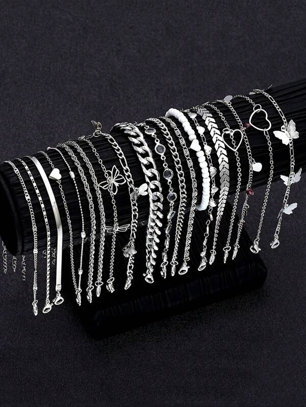 20 قطعة أساور كاحل بشكل القلب والفراشة عصرية وكاجوال، مجموعة مجوهرات القدم بشكل القلب